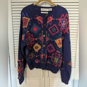 Robert Scott Ltd Vintage Hand Knit Patterned Cardigan Sweater Size Medium